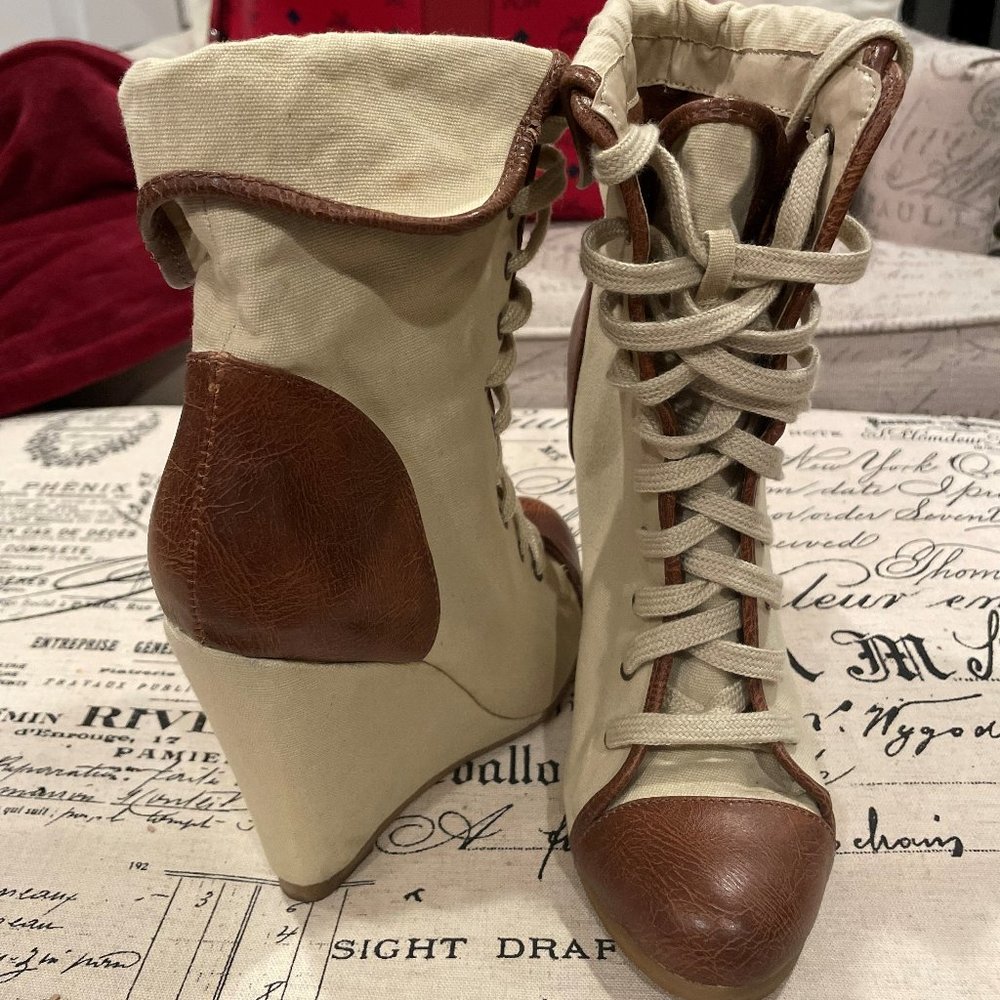 Cream Dark Tan Wedge Ankle Booties Sizes 6